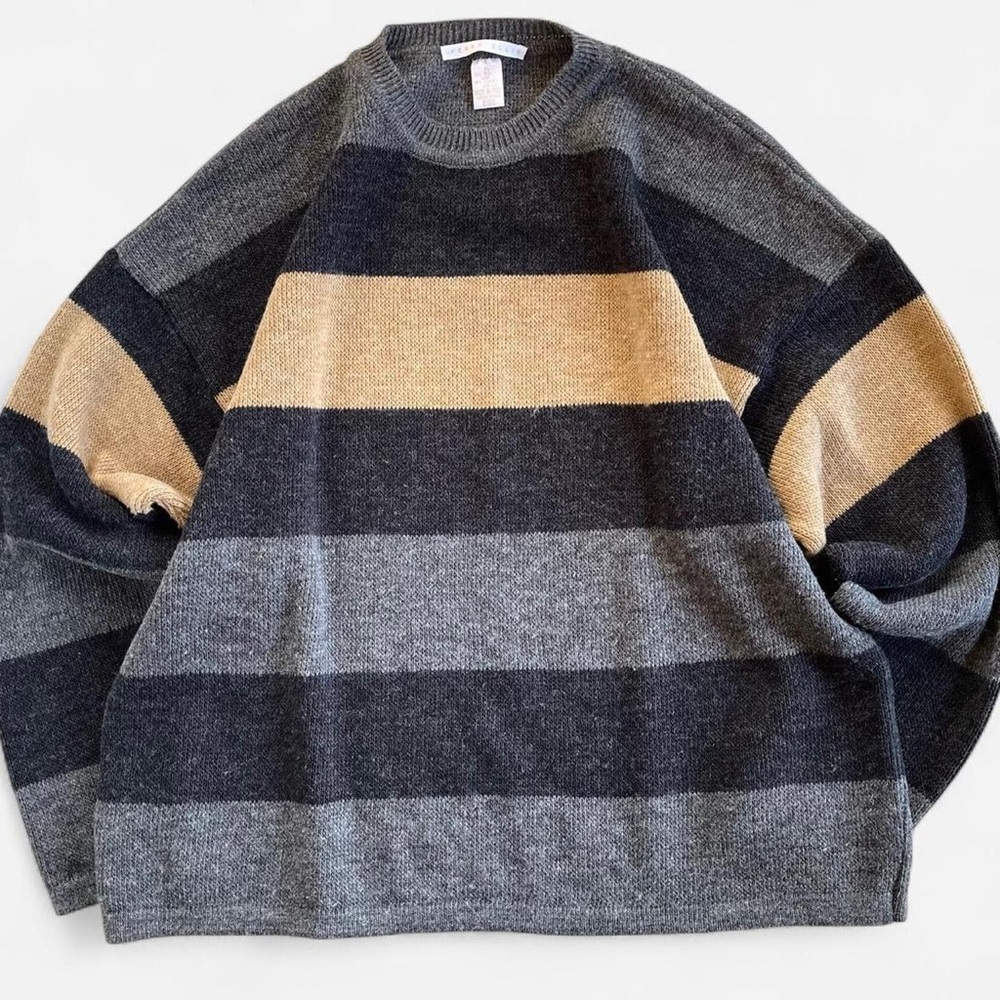 Perry Ellis Wool Blend Gray Tan Striped Slouchy Cozy Grandpa Sweater XL